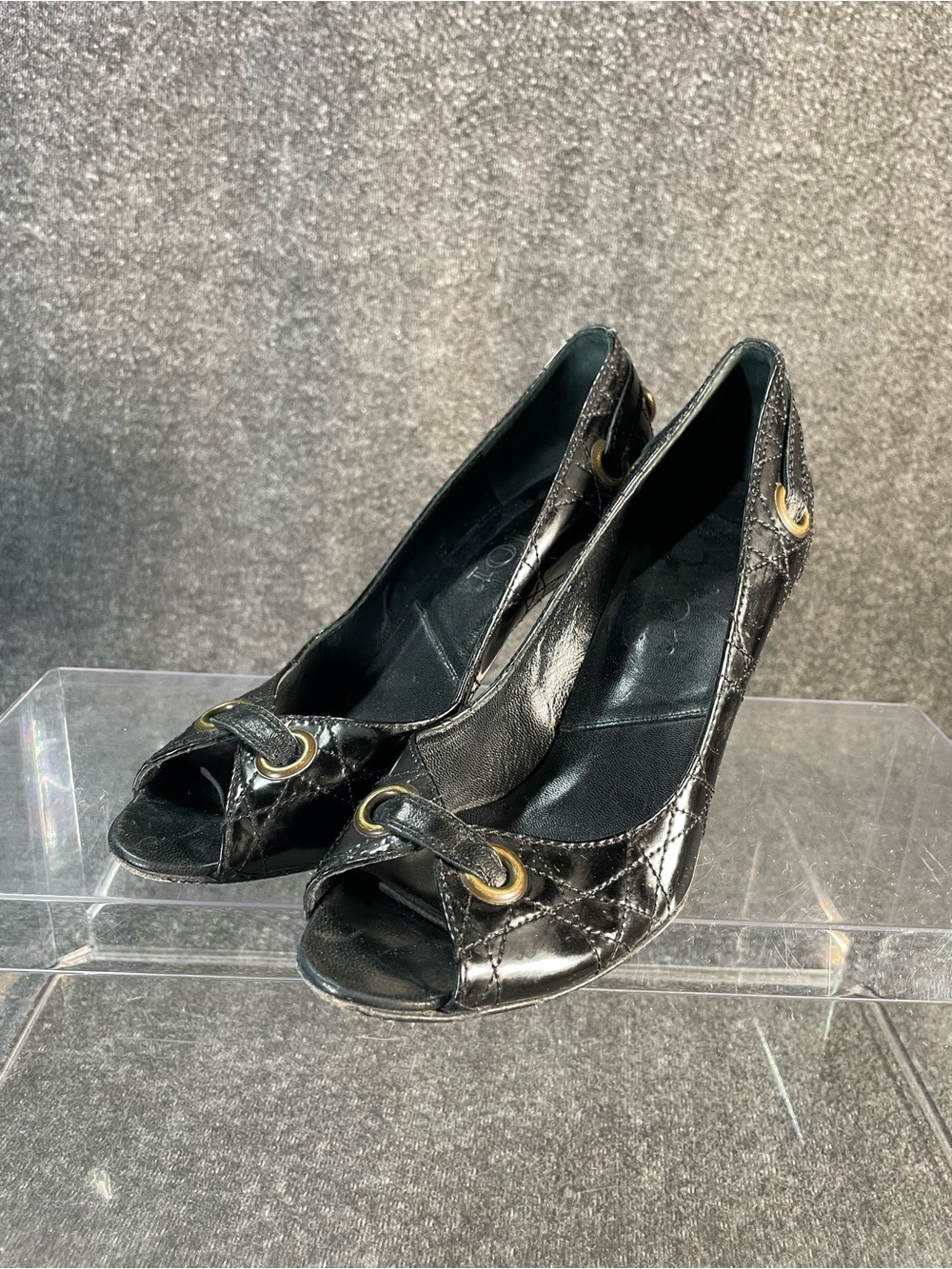 Christian Dior Cannage Black Leather High Heel Peep Toe Pumps SZ EU 36.5 US 6.5